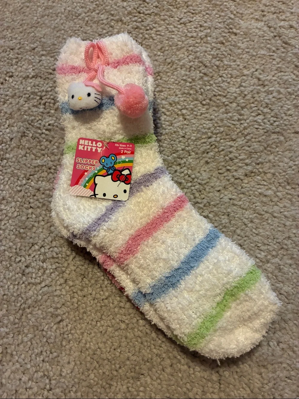2 Hello Kitty Pastel Striped Socks w/Pom Accent and Pink Non-Slip Slipper Socks.
